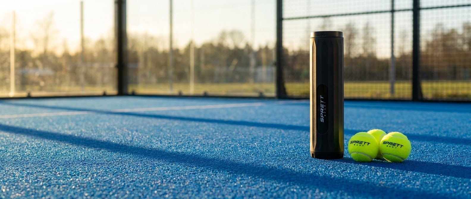 SprettBoks og to merkede baller på en padelbane i solnedgang